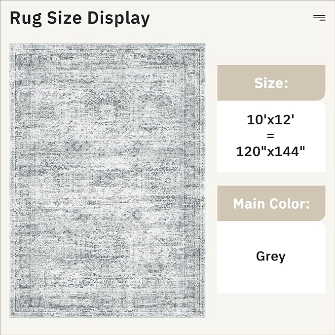 Area Rug 10x12 Vintage Washable Living Room Large Gray Carpet Non Slip Bedroom Indoor Office Dining Room Low Pile Thin Rug Grey
