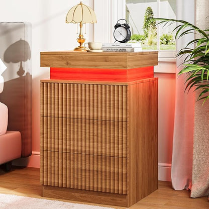 Nightstands Set of 2 with Charging Station & LED Lights, Modern Small Fluted Bedside & End Tables with 3 Drawers, Sliding Top & Hidden Storage, Wooden Farmhouse Night Stand for Bedroom Office,Walnut