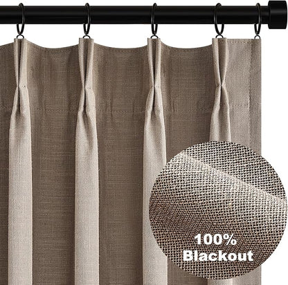 Topfinel Linen Blackout Curtains 96 Inch Long, Pinch Pleat Rustic Neutral Thermal Insulated Brown Natural Linen Cabin Back Tab Viral Drapery Drapes with Hooks Rings 2 Panel Sets, Brown Tan 8 FT