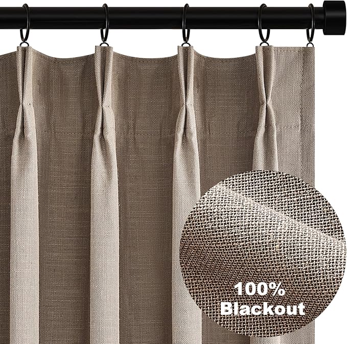 Topfinel 105 Inches Long Custom Black Out Faux Thick Linen Drapery Panels, Taupe Chocolate Brown Pinch Pleated Heat Reflective Neurtral Curtains with Pin Hooks, Luxury Lined Back Tab Drapes Set of 2