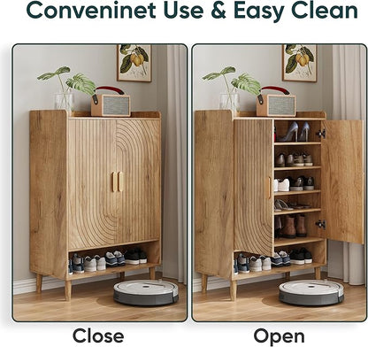 Smuxee Oak Shoe Cabinet with Line Groove Design, 6-Tier Shoe Storage Cabinet with Adjustable Shelves, Freestanding Shoe Organizer Cabinet for Entryway, Hallway, Closet, Living Room