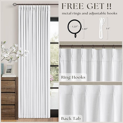Neutral White Linen Pinch Pleated Blackout Curtains 108 Inches Long for Bedroom Pleated 100% Black Out Drapes with Liner Off White Farmhouse Country Extra Long 108 Inch Curtain for Living Dining Room