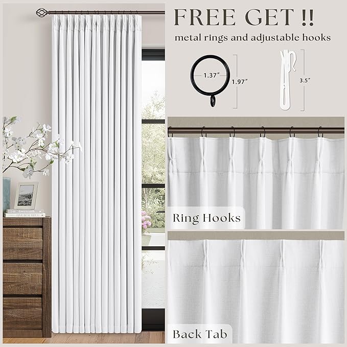 White Linen Blackout Pleated Curtains 90 Inches Long for Living Room Darkening Pinch Pleat 100% Black Out Drapes Thermal Insulated Soundproof Pure White 90 Inch Curtain Panel for Dining Bedroom