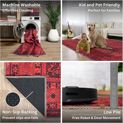 Bloom Rugs Washable Non-Slip 2' x 3' Rug - Red Traditional Bordered Area Rug for Living Room, Bedroom, Dining Room, and Kitchen - Exact Size: 2' x 3'