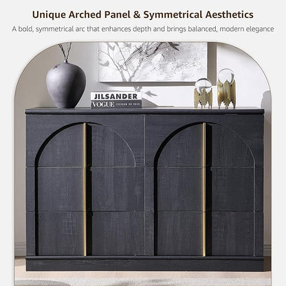 ACCOHOHO Arched Dresser for Bedroom with 6 Drawers, 47.3" Wide Modern Chest of Drawers with Rounded Edge & Metal Handles, Wood Storage Closet Dressers TV Stand for Living Room, Hallway, Black