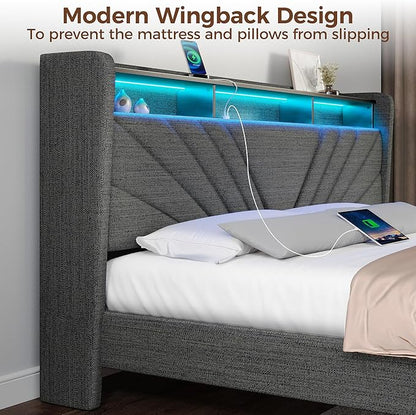 Rolanstar King Size Bed Frame, Storage Headboard with Charging Station and LED Lights, Upholstered Bed with Heavy Duty Wood Slats, No Box Spring Needed, Noise Free, Easy Assembly, Dark Grey