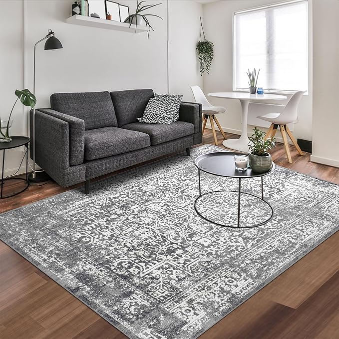 vivorug 6x9 Area Rugs, Stain Resistant Washable Rug for Living Room, Vintage-Inspired Grey Rug
