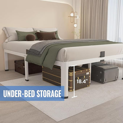 MAF 20 Inch Queen Size Bed Frame White with Round Corner Legs Mattress Slide Stopper No Box Spring Needed Heavy Duty Metal Platform Bed Frames Under-Bed Storage Space, 3000 LBS Steel Slats Support