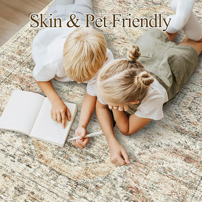10x14 Area Rugs for Living Room, Non Slip Machine Washable Vintage Rugs, Low Pile Lightweight Large Rug for Bedroom, Dining Room, Home Office Brown Pink