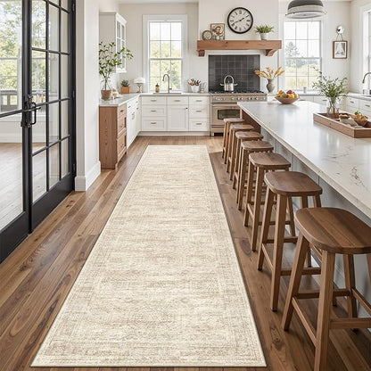 Runner Rug 2'6" x 14' Washable Non-Slip Runner Rugs for Kitchen Bathroom Laundry Room Vintage Ultra Thin Runners for Hallway Entryway Beige
