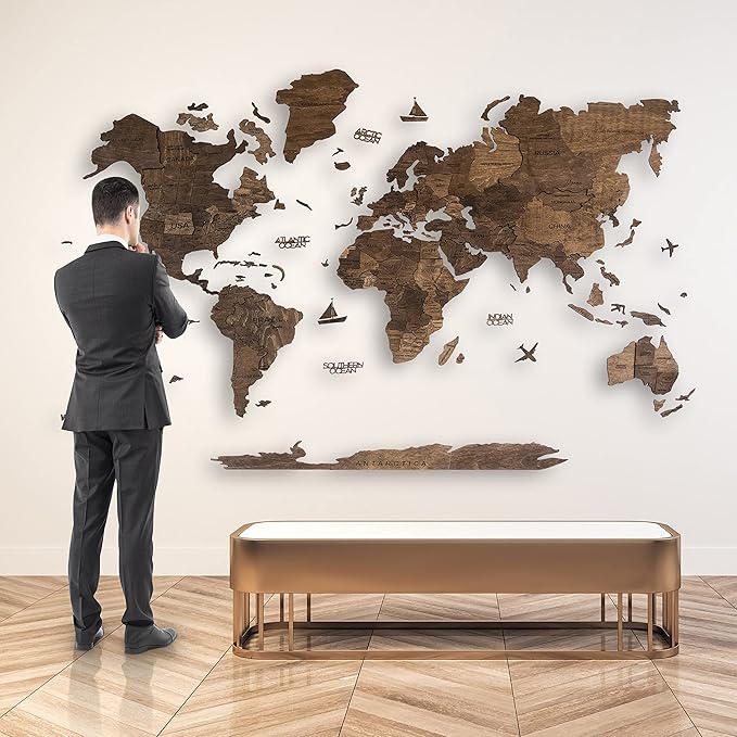 Handmade 3D Wood World Map Wall Art Large Wall Decor Track Your World Travels - Special for Home, Kitchen and Office (X-Large, Walnut)