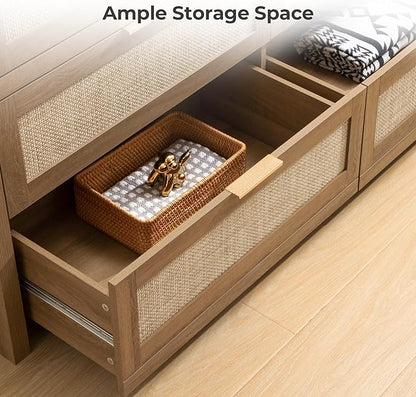 SICOTAS 7 Drawer Dressers for Bedroom Set 2, Long Rattan Dresser, Dresser TV Stand, Closet Organizer Chest of Drawers, Clothes Storage Dressers (Reclaimed Caramel Oak, 7 Drawers (2 pcs))