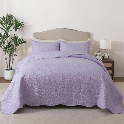 HoneiLife Queen Quilt Bedding Set - Microfiber Quilt Sets for Queen Bed, 3-Piece Lightweight Bedspreads,Reversible Coverlets Rustic Bedlinen Sets, Floral Bedding Set All Season Quilts-Light Purple