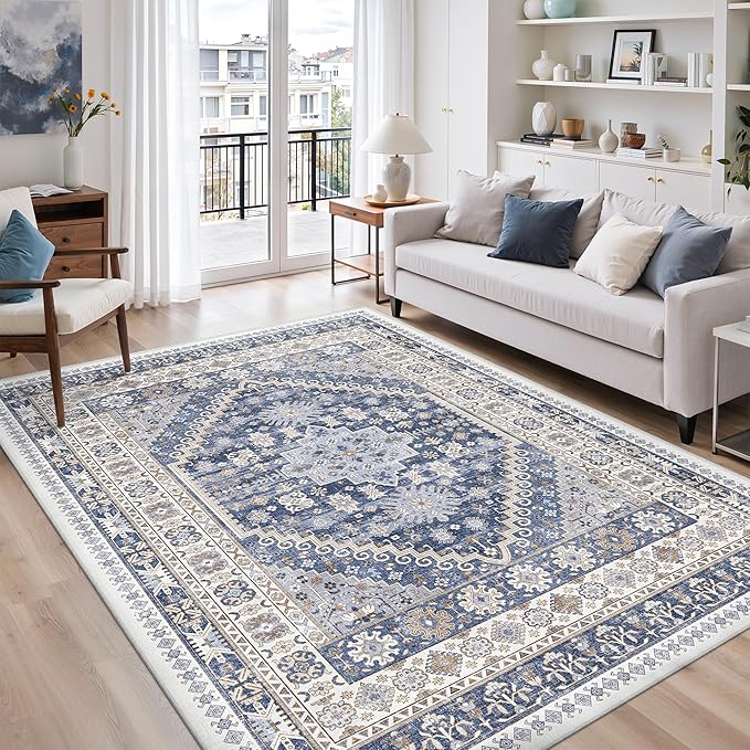 zesthome 5x7 Area Rugs - Ultra-Thin Washble Rug, Stain Resistant Anti Slip Backing Rugs for Living Room,Bedroom, Vintage Home Decor Area Rug (Blue/Beige,5'x7')