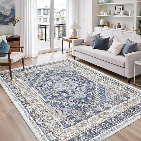 zesthome 5x7 Area Rugs - Ultra-Thin Washble Rug, Stain Resistant Anti Slip Backing Rugs for Living Room,Bedroom, Vintage Home Decor Area Rug (Blue/Beige,5'x7')