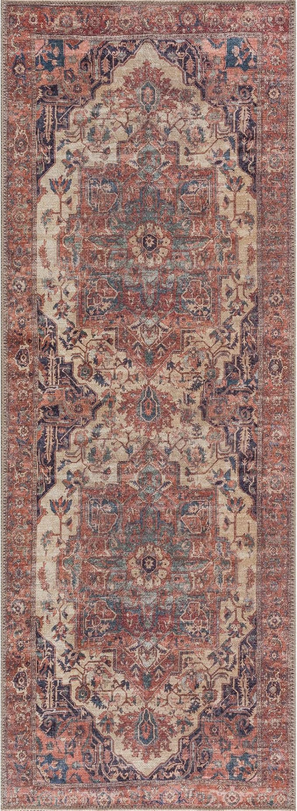 Bloom Rugs Washable 12 ft Runner - Beige/Terracotta Traditional Runner for Entryway, Hallway, Bathroom, and Kitchen - Exact Size: 2.5' x 12'