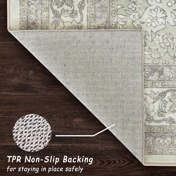 vivorug Sage Green 5x7 Area Rugs - Ultra-Thin Washable Rug with Non-Slip Backing, Ideal for Living Room, Bedroom, Kitchen Floor Carpet - Vintage Floral, Easy Clean, Durable, Low Pile