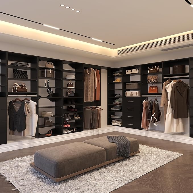 Medium Double Hanging Closet Unit, Modular Closet System, Wood Closet System Organizer with Storage for Walk in Closets, Clothing Rack Closet for Hanging Clothes, Bedroom, Black, 25.5" W