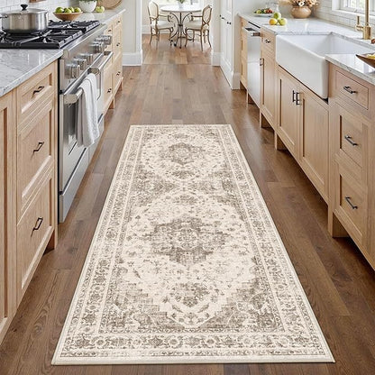2x6 Hallway Washable Runner Rug Vintage Non-Slip Soft Kitchen Mat Boho Medallion Distressed Farmhouse Carpet Floral Low Pile Indoor Throw Rug for Entryway Bathroom Living Room Bedroom, Taupe