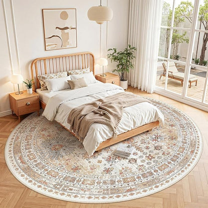 zesthome 8ft Round Rugs for Living Room, Non-Slip Washable Round Area Rugs, Ultra-Thin Large Circle Rugs, Soft Low Pile Rug for Bedroom, Kitchen - Vintage Stain Resistant Round Rug (Orange,8'x8')