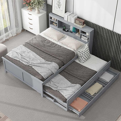 Platform Bed with Storage Headboard, USB, Twin Size Trundle and 3 Drawers, Full Size, Gray