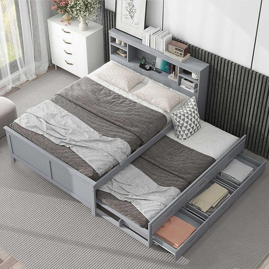 Platform Bed with Storage Headboard, USB, Twin Size Trundle and 3 Drawers, Full Size, Gray