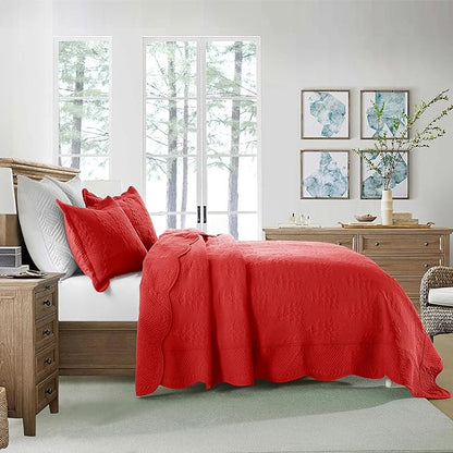 MarCielo 3-Piece Christmas Quilt 100% Cotton Oversized Bedspread Lightweight Coverlet Embroidery Christmas Tree Pattern Bedding Set (TC Red, Oversized Queen (100"x106"))