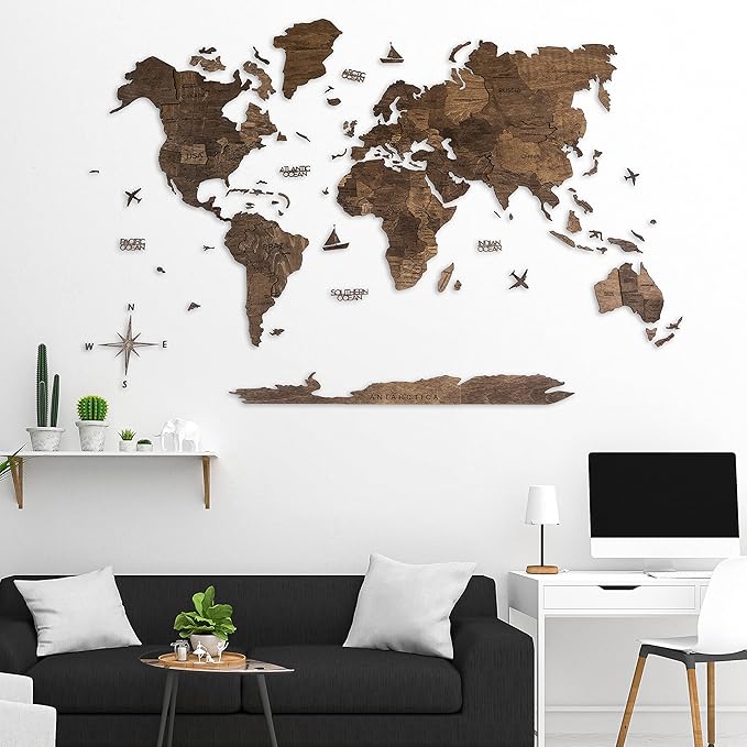 Handmade 3D Wood World Map Wall Art Large Wall Decor Track Your World Travels - Special for Home, Kitchen and Office (X-Large, Walnut)