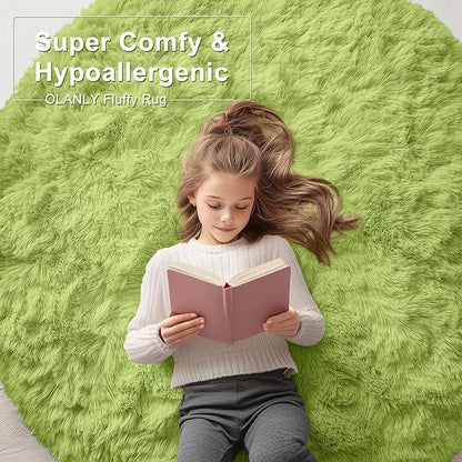 OLANLY Grass Green Round Rugs for Bedroom - Machine Washable, 3 ft Circle Area Rugs for Living Room, Soft and Fluffy Shaggy Carpet for Teen Girls and Boys, Nursery Rooms, Dorms, Home Decor Aesthetic