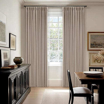 Pleated Linen Blackout Curtains 112 Inches Long for Living Room Pinch Pleat for Track System Custom Made Memory Shape Drape 100% Black Out Light Blocking Bedroom Window Curtain Greige Burlywood Birch