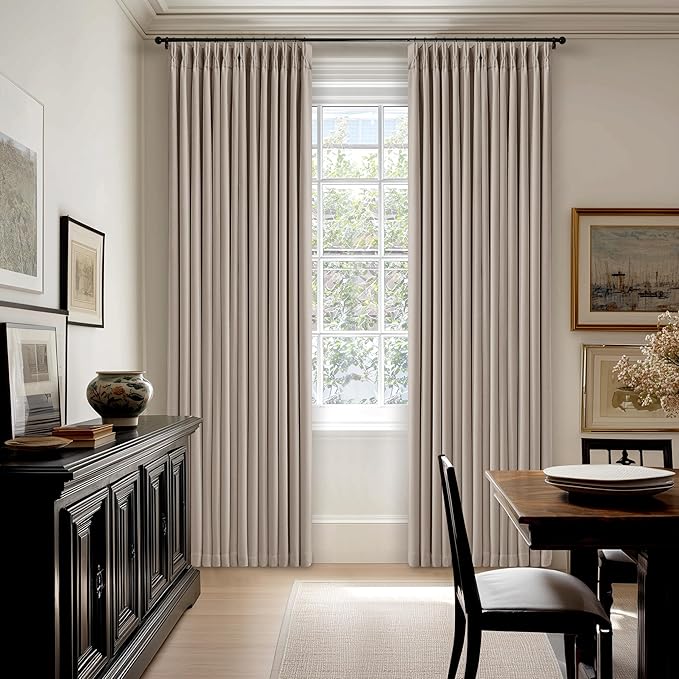 Dark Flax Linen Pinch Pleated Curtains 105 Inches Long for Bedroom Taupe Beige 100% Black Out Floor to Ceiling Sound Dampening Double Layer Living Room Darkeing 2 Panels Burlywood Birch Windows Drape