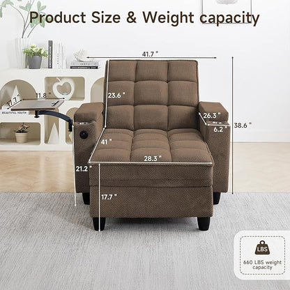 41.7" Chaise Lounge Chair Indoor, Oversized Boucle Upholstered Sofa Bed, Adjustable Backrest Deep Seat Reading Chair, Sofas Couches for Living Room with Storage, Cup Holders & 360° Swivel Side Table