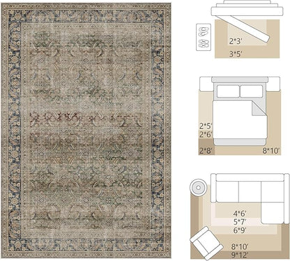 FMFUNCTEX 4x6 Washable Area Rug Neutral Vintage Brown Distressed Non Slip Low Pile Retro Indoor Carpet for Entryway Living Room Bedroom Soft Mat Throw Rug for Dining Office Kitchen Entryway, Multi