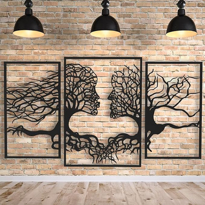 VAILLA Tree of Life Wall Wooden Art Abstract Tree Man Woman Face Large 3D Wooden Wall Decor Set of 3 Hanging Sculpture Modern Home Decoration 3D Textured Sculptures for Living Room Bedroom Office Dinnig Room (59"L x 35"W)