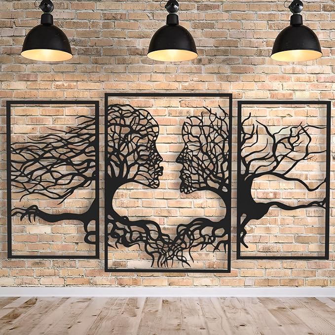 VAILLA Tree of Life Wall Wooden Art Abstract Tree Man Woman Face Large 3D Wooden Wall Decor Set of 3 Hanging Sculpture Modern Home Decoration 3D Textured Sculptures for Living Room Bedroom Office Dinnig Room (71"L x 39"W)