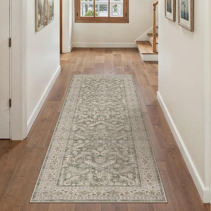Brown 2x6 Runner Rug Vintage Area Carpet Hallway Indoor Kitchen Washable Low Pile Traditional Distressed Retro Accent Throw Rug Non Slip for Laundry Bathroom Office