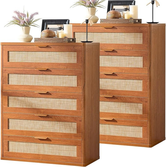 LEYAOYAO Rattan Dresser for Bedroom Set 2, 41" Tall Chest of Drawers, Modern 5 Drawers Boho Dressers with Storage, Light Oak Dresser Wooden Closet Organizer for Living Room, Hallway, Tea Brown