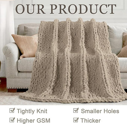 Chunky Knit Throw Blanket 50"X 60", 100% Handmade with Soft Chenille Yarn, 4.4lbs Thick Cable Knitted Blankets, Large Rope Knot Crochet Throws for Couch Sofa Bed Home Decor, Taupe