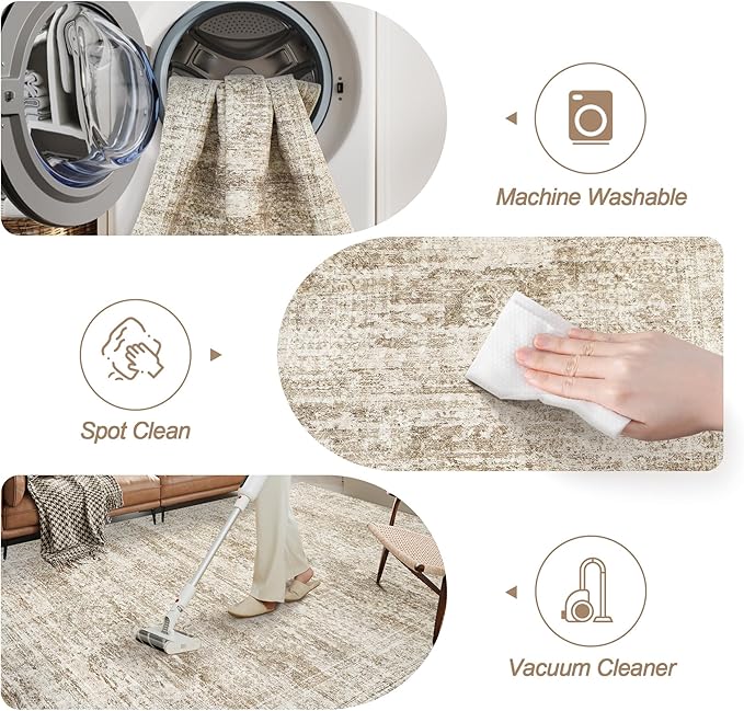 2x3 Washable Rugs for Kitchen, Floor, Entryway, Powder Room Small Area Rug Non-Slip Vintage Low Pile Throw Door Mat Brown