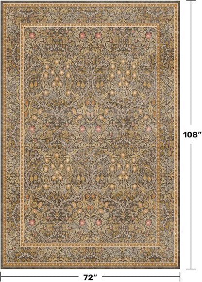 Washable Dining Room Rugs for Under Table - 6x9 Brown Oriental Area Rug for Living Room, Low Pile Non-Slip Floor Carpet for Bedroom Under Bed - Vintage Design & Stain Resistance