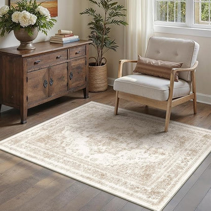 Area Rug 4x6 Cream Washable Office Entryway Vintage Medallion Beige Carpet Non Slip Retro Indoor Mat Low Pile Soft Distressed Small Rug for Bedroom Kitchen Laundry Dining Room