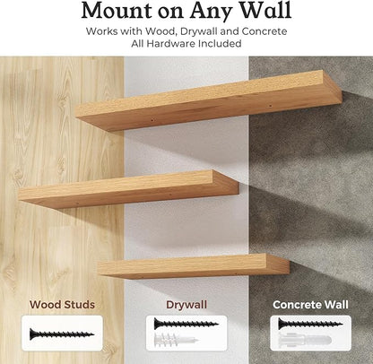 Floating Shelves for Wall, 9.3" Deep Wall Mounted Wood Shelves for Bathroom, Bedroom, Living Room, Kitchen, Hanging Shelf for Books/Storage/Room Decor (Oak, 40")