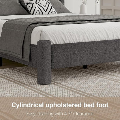 Twin Size Bed Frame, Boucle Upholstered Platform Bed with Headboard and Footboard, Soft Rounded Corners, No Box Spring Required, Easy Assembly, Dark Grey