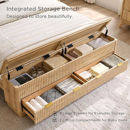 T4TREAM Fluted Queen Size Bed Frame with Wingback Headboard, Footboard Storage Bench with Built-in Drawers & Lift-Up Compartments, Wood & Steel Platform Bed, No Box Spring Needed, Natural Oak