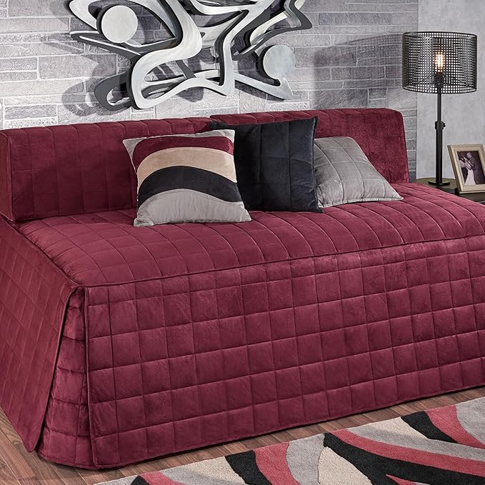 Camden Luxury Bedding | Neutral Claret Color | Fitted Hollywood Daybed Bedding | Faux Suede Box Quilted Design | 5 Piece Set Includes Extra Long Hollywood Cover, 2 Bolster Shams, and 2 Bolster Pillows