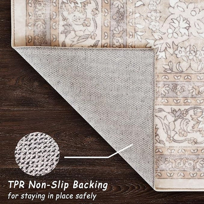 vivorug 3x5 Rug, Small Neutral Area Rug for Living Room, Bedroom, Kitchen, Machine Washable Non-Slip Throw Rug, Vintage Floral Carpet for Entryway Nursery Coffee Table - Durable (Beige)