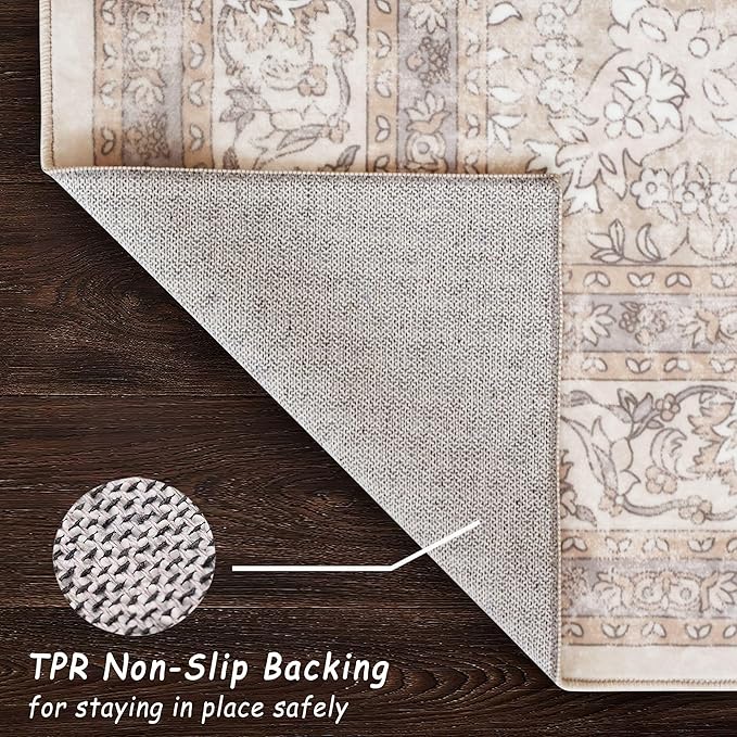 vivorug Beige 9x12 Area Rugs for Living Room, Non Slip Machine Washable Vintage Rug, Ultra-Thin Lightweight Large Area Rug for Bedroom, Dining Room, Low Pile Rug
