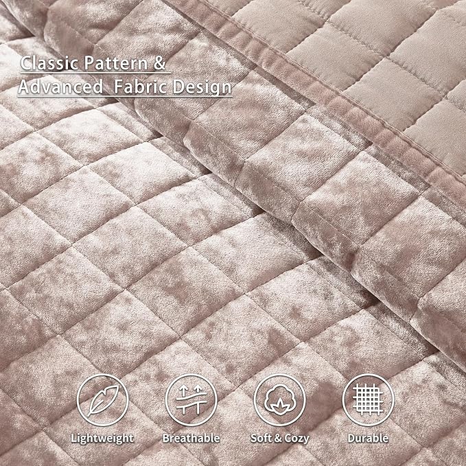 LEAONME Velvet Quilt California King-118''x106'', Lightweight Dusty Pink Comforter Set with 2 Pillow Shams, Soft Oversized Bedspread Coverlet Quilted Bedding Set for All Season