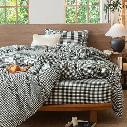 MooMee Gingham Duvet Cover Set 100% Washed Cotton Linen Like Textured Breathable Durable Soft Comfy Modern Checkered Design (Mini Gingham Forest Green, Oversized Full 82"x86")