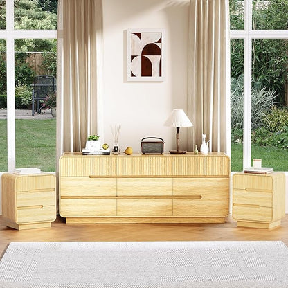 9 Drawer Dresser and 2 Nightstand Sets for Bedroom 3 Pcs Bedroom Set, Modern 57.9" Fluted Dresser with Invisible Handles Nightstand Charging Station, Bedroom Furniture Set for Living Room, Natural